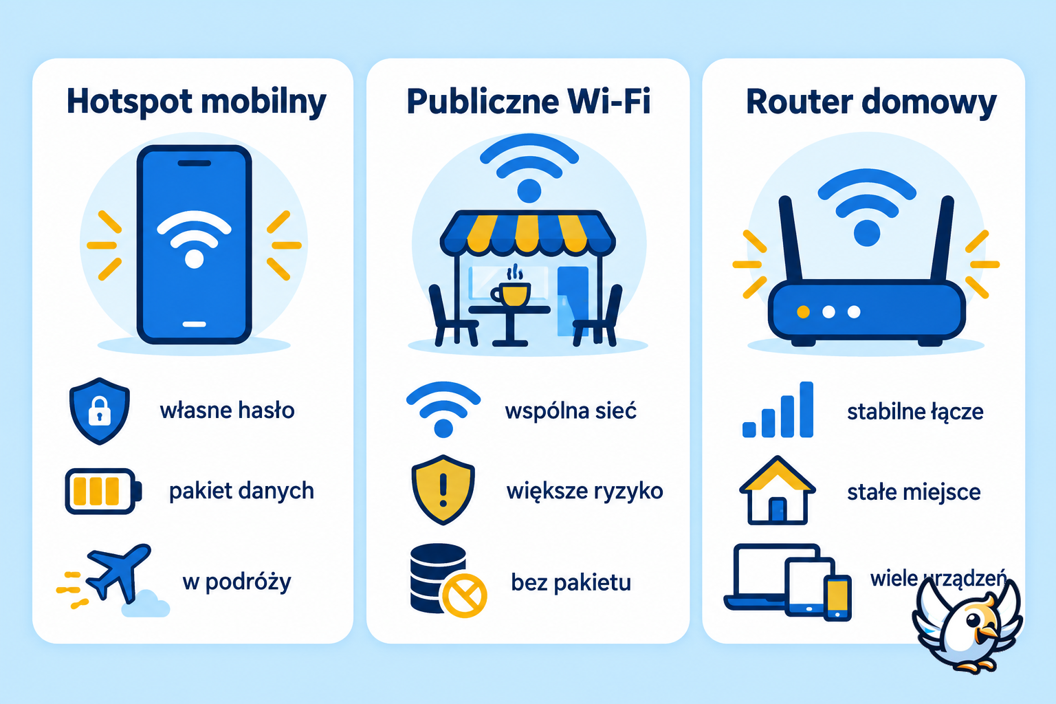 Hotspot mobilny a publiczne Wi-Fi i router domowy — porównanie