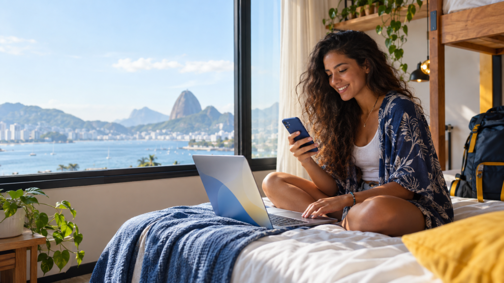 Hotspot pessoal: viajante usando o celular para conectar o notebook à internet