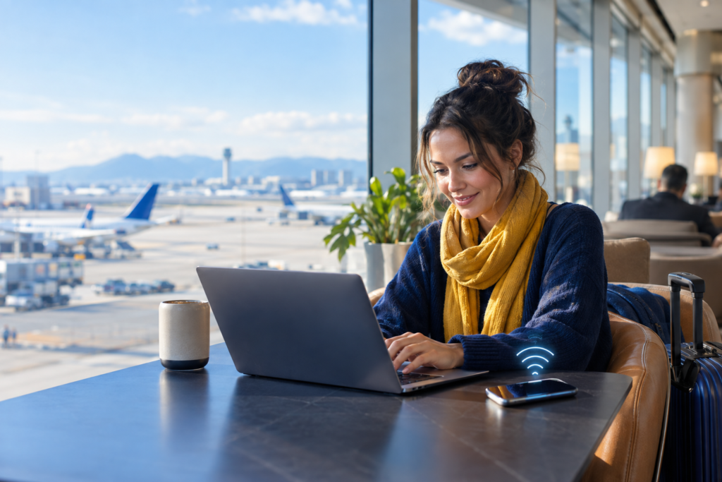 Hotspot significado: un móvil comparte internet con un portátil durante un viaje