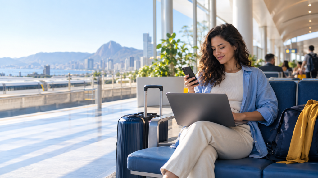 Hotspot significado: viajante usa o celular para conectar o notebook à internet