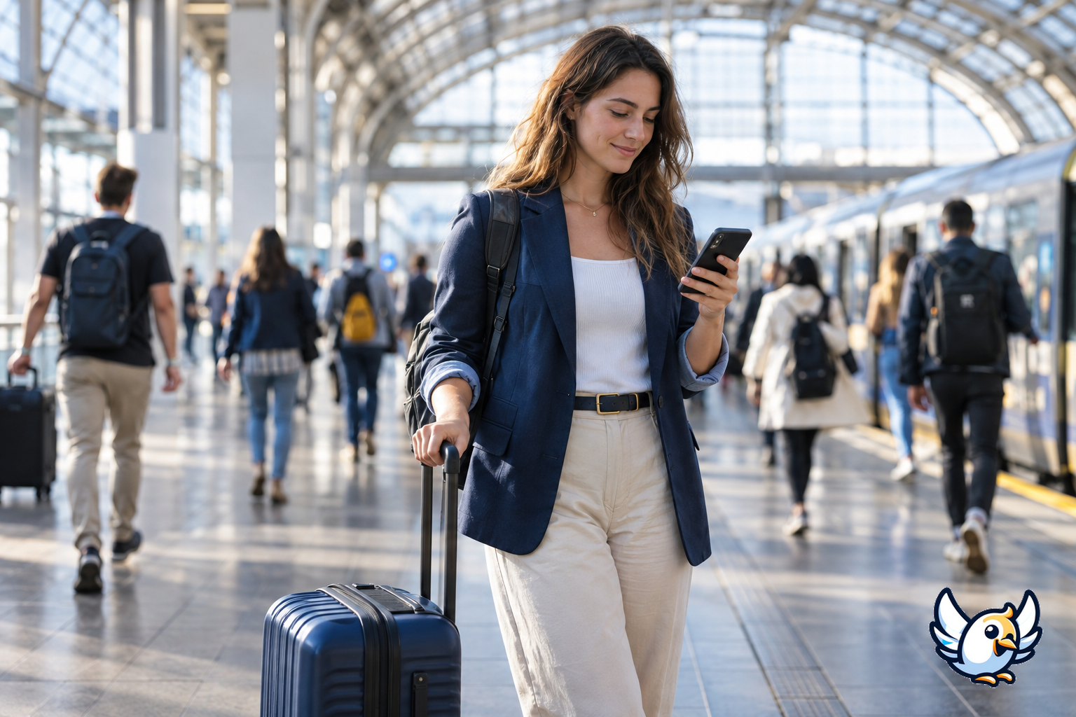 International traveler using 4G LTE at a busy train station