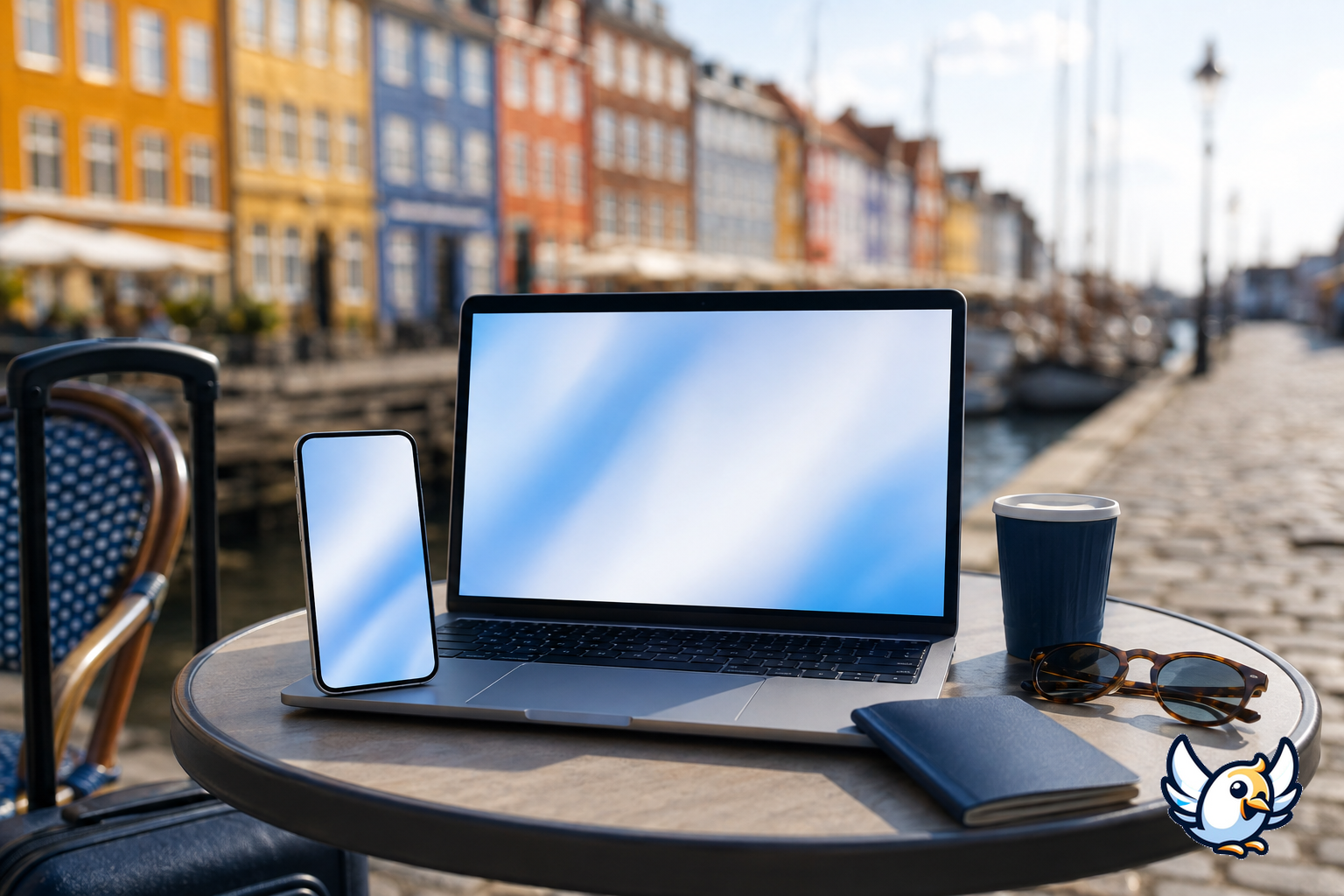iPhone Mirroring i Danmark med MacBook og danske byhuse i baggrunden