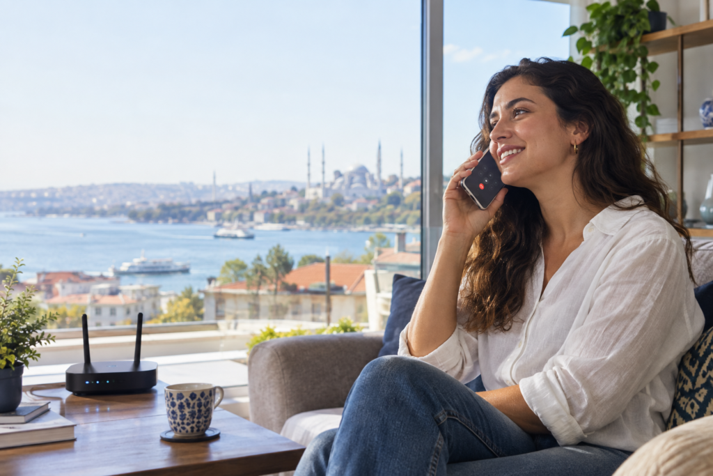 iPhone WiFi araması kullanan kişi, zayıf mobil sinyalli ev ortamında net görüşme