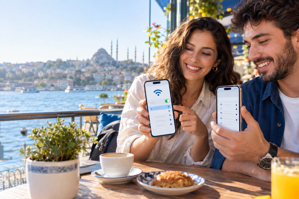 iPhone WiFi şifresi paylaşma işlemini yapan iki kullanıcı
