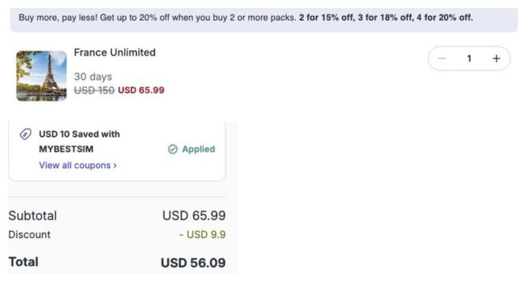 Ordresammendrag fra Jetpac med rabattkoden MYBESTSIM brukt og -15% rabatt