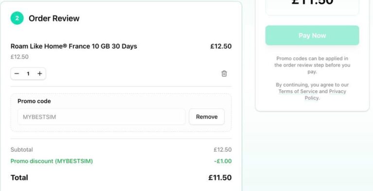 Ordresammendrag fra Keep On Roaming med rabattkoden MYBESTSIM brukt og -8% rabatt