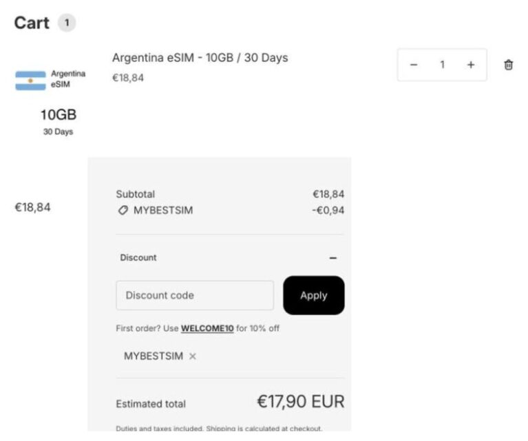 Ordresammendrag fra Latam Travellers med rabattkoden MYBESTSIM brukt og -5% rabatt