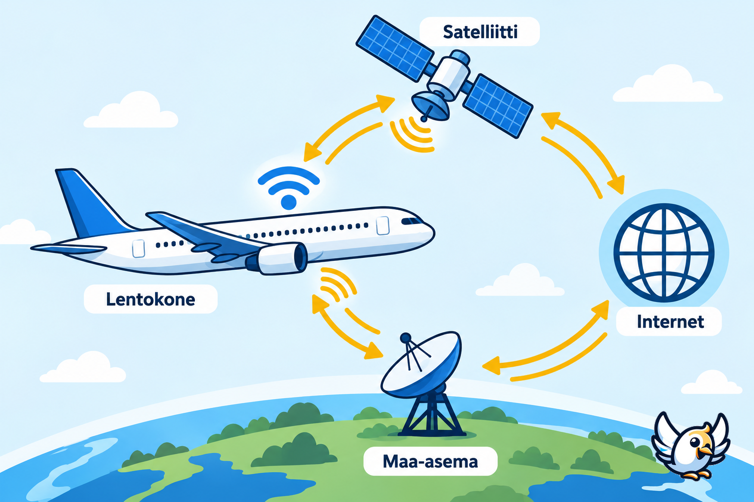 Lentokoneen WiFin toiminta satelliitin ja maa-aseman kautta