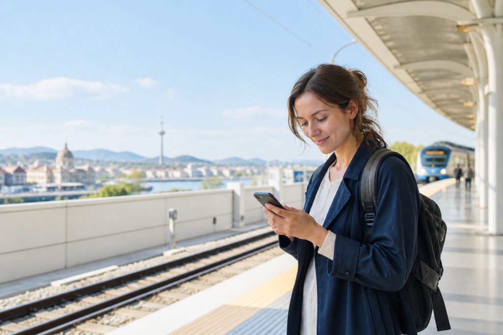 LTE omrežje: potnik uporablja mobilni internet na pametnem telefonu