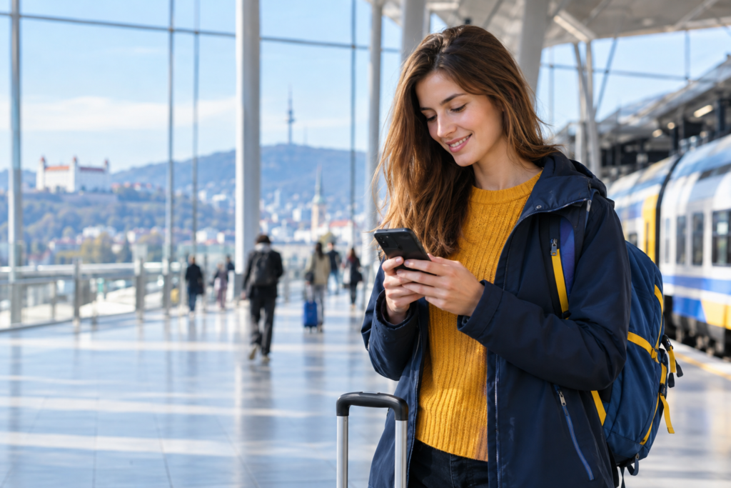 LTE sieť: cestovateľ používa mobilný internet na smartfóne
