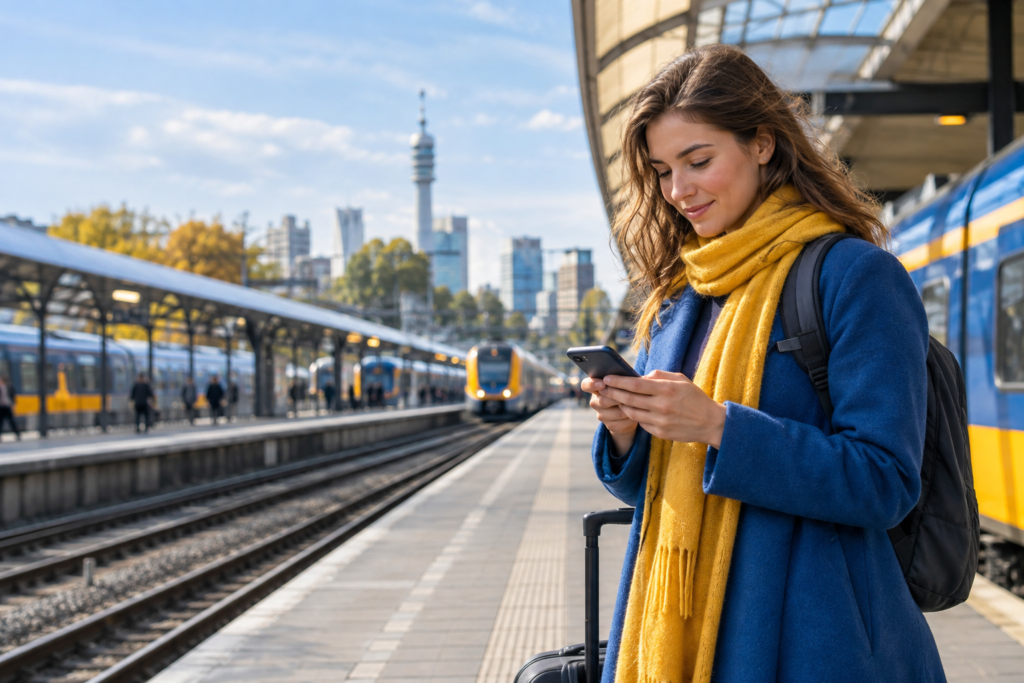 LTE uitgelegd: reiziger gebruikt mobiel internet op een smartphone
