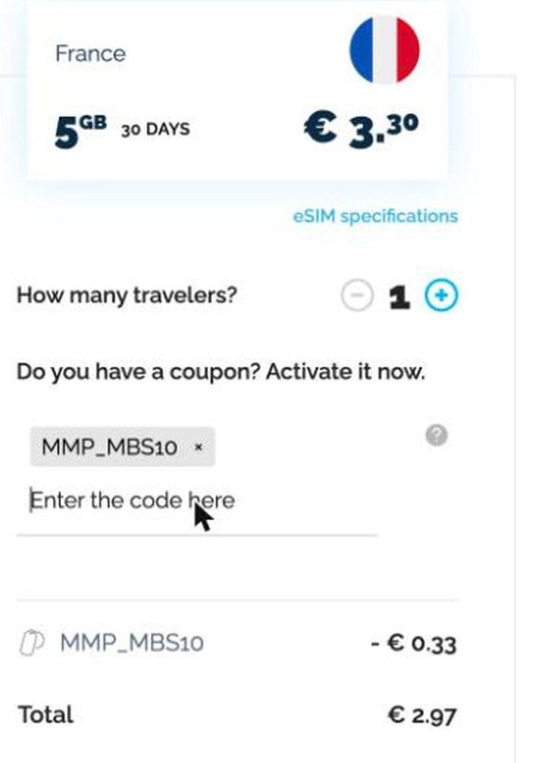Manet Travel-Bestellübersicht mit angewendetem Gutscheincode MMP_MBS10 und -10% Rabatt