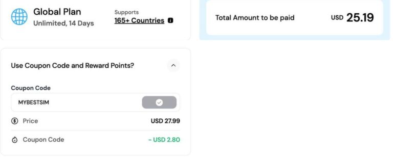 Ordresammendrag fra Maya med rabattkoden MYBESTSIM brukt og -10% rabatt