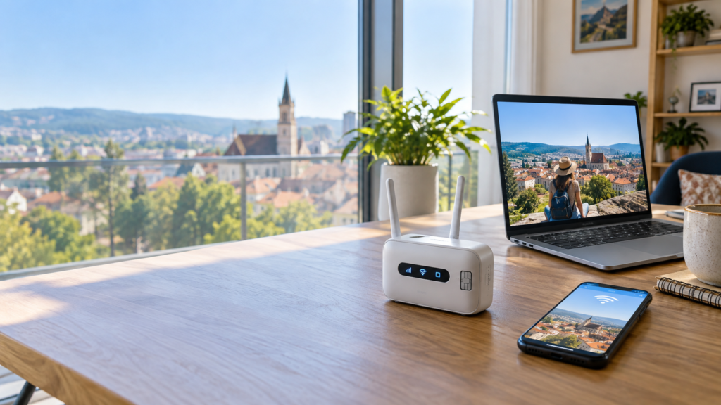 Modem 4G portabil conectat la laptop și telefon pentru internet mobil