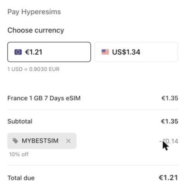 Ordresammendrag fra MoodSIM med rabattkoden MYBESTSIM brukt og -10% rabatt