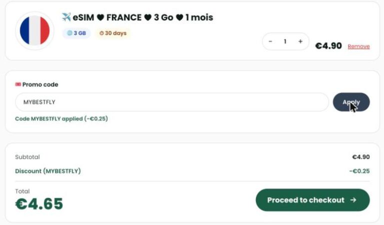 MyFlySim order summary with promo code MYBESTFLY applied and -5% off