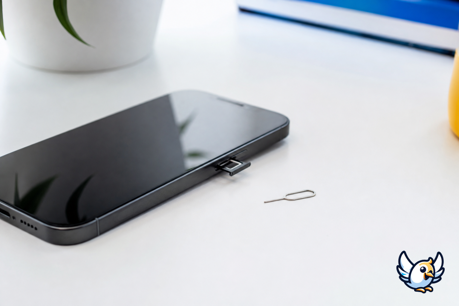 Nano-SIM çekmecesi açık iPhone ve SIM çıkarma iğnesi