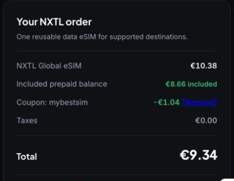 Ordreoversigt fra NXTL Mobile med rabatkoden MYBESTSIM anvendt og -10% rabat