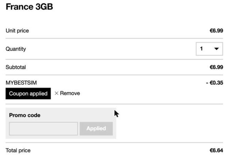 Ordresammendrag fra Orange Travel med rabattkoden MYBESTSIM brukt og -5% rabatt