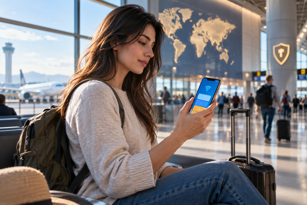 Overseas eSIM privacy risk: traveler checking mobile data at an international airport