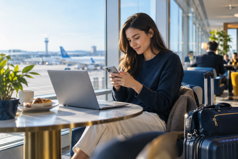 Personal hotspot sharing mobile data with a laptop while traveling