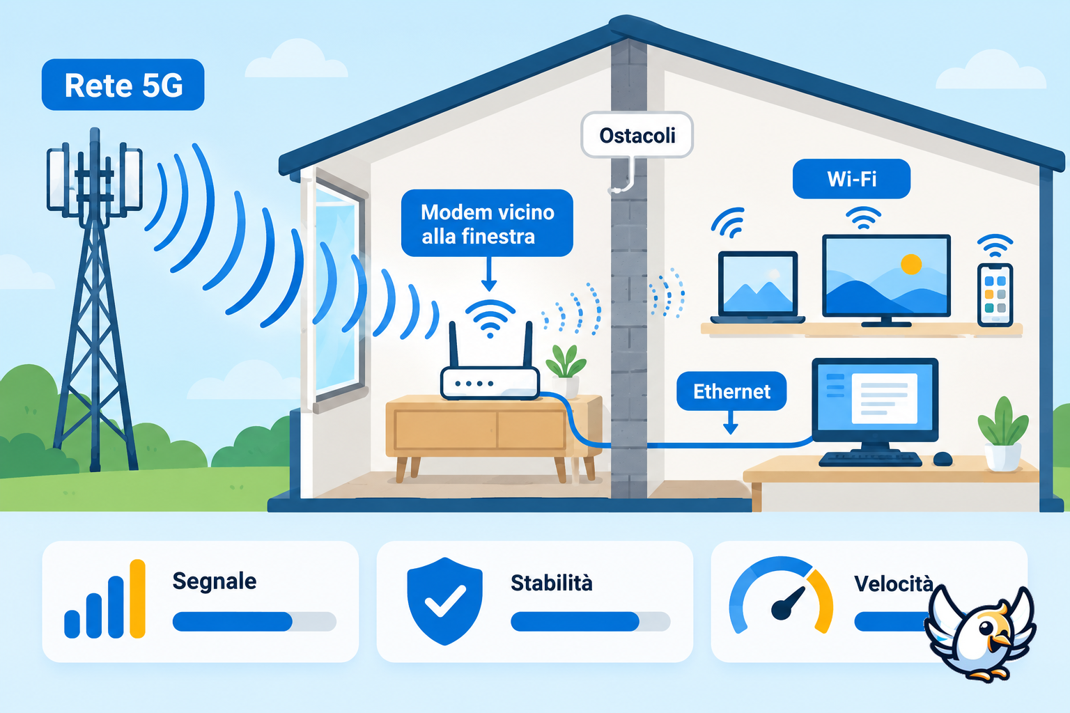 Posizionamento del modem 5G e percorso del segnale dalla rete ai dispositivi