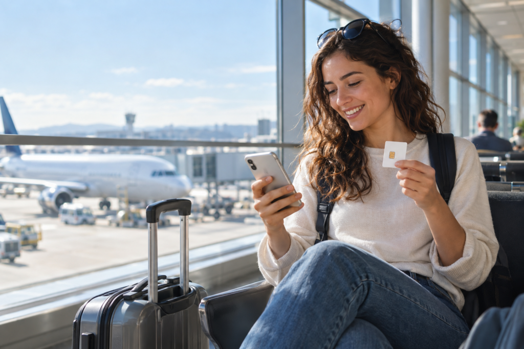 Pre paid SIM card traveler choosing mobile connectivity at an international airport