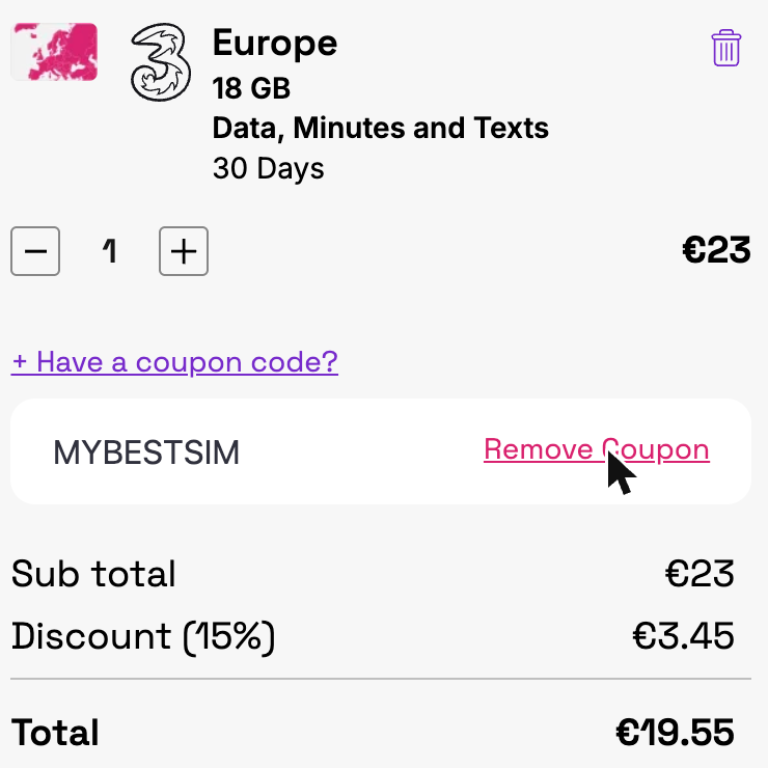 Ordresammendrag fra Amigo med rabattkoden MYBESTSIM brukt og -15% rabatt