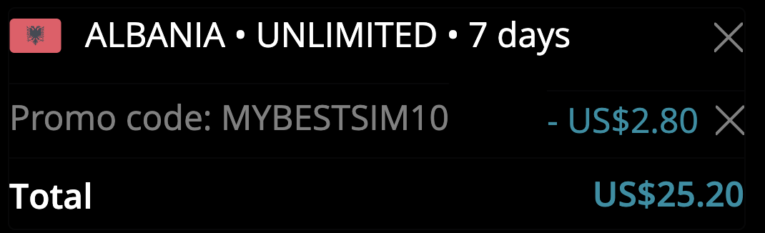 Ordresammendrag fra Ubigi med rabattkoden MYBESTSIM10 brukt og -10% rabatt