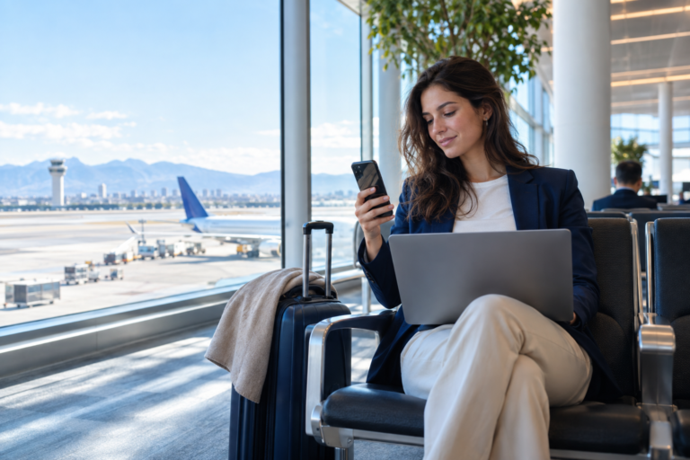Punto de acceso personal: viajera comparte internet del móvil con su portátil