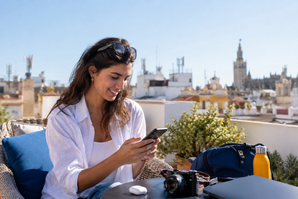 Qué es el 4G: viajero usando internet móvil de cuarta generación