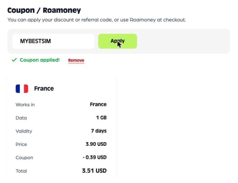 Récapitulatif de commande Roafly avec le code promo MYBESTSIM appliqué et -10% de réduction