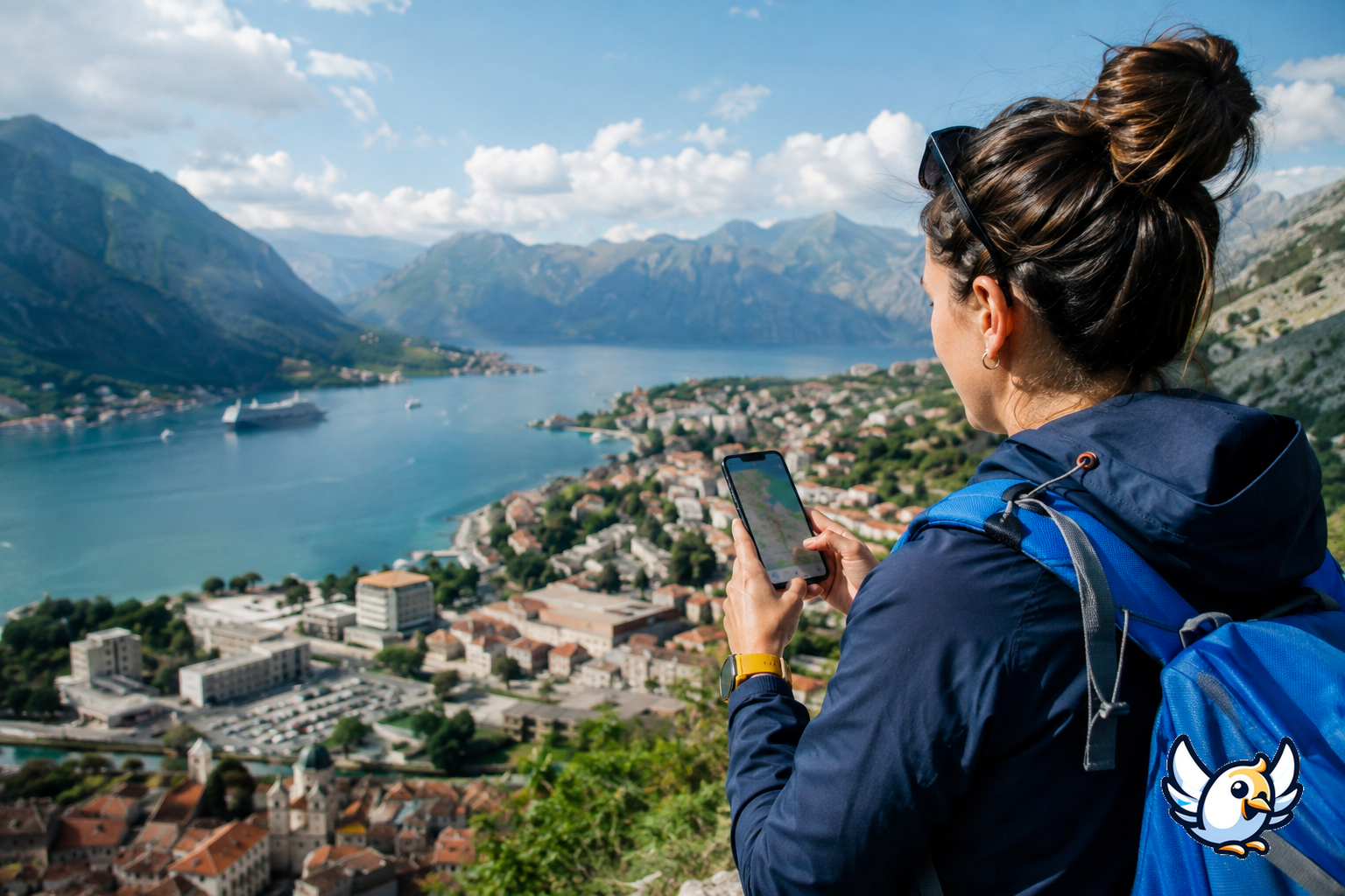 Roaming Montenegro 2026: reiziger gebruikt smartphone-navigatie bij de baai van Kotor