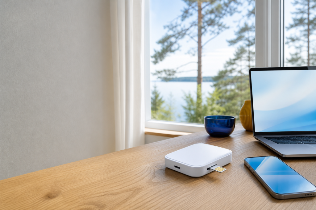 router med simkort på ett skrivbord i en svensk stuga med mobil uppkoppling