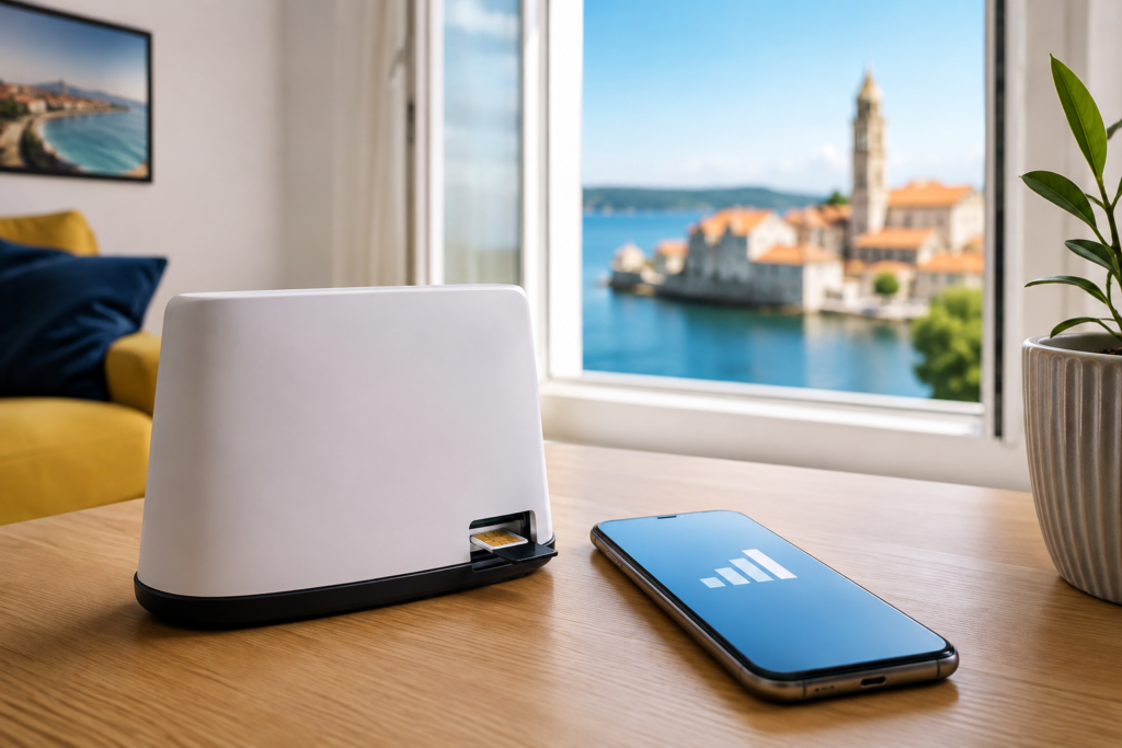 Router sa SIM karticom na stolu uz pametni telefon i stabilan mobilni internet