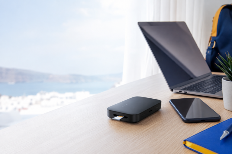 router se SIM kartou na stole vedle telefonu a notebooku