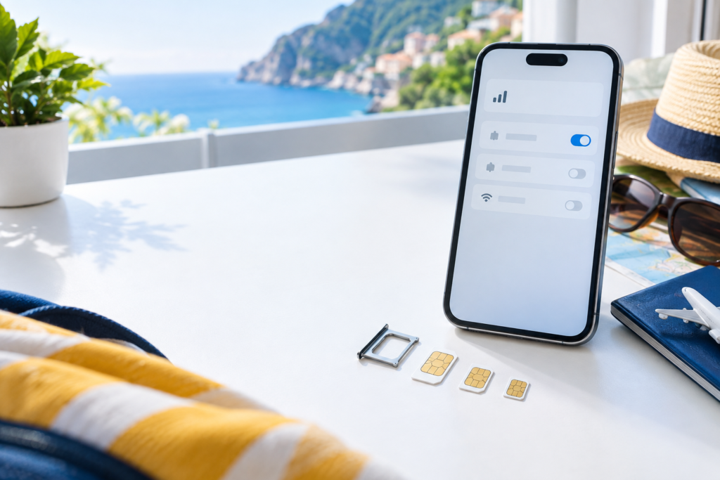 Rozmiary kart SIM: mini-SIM, micro-SIM, nano-SIM i eSIM obok smartfona