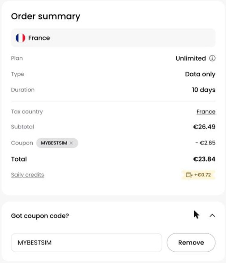 Ordresammendrag fra Saily med rabattkoden MYBESTSIM brukt og -10% rabatt