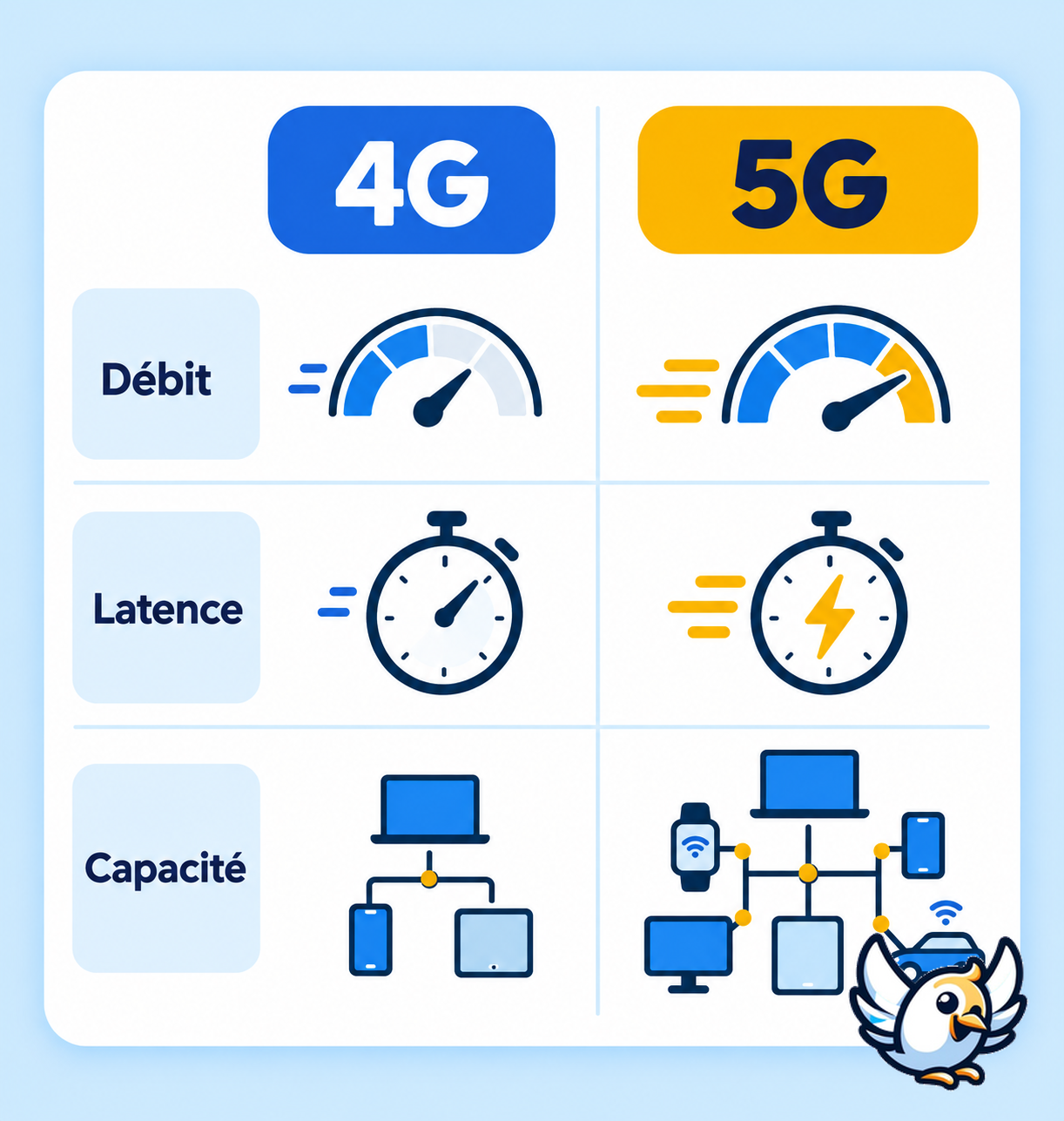 Schéma 4G ou 5G : différences de débit, latence et capacité