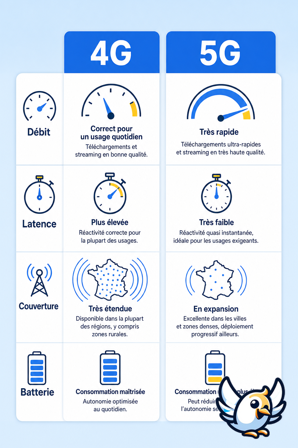 Schéma 4G vs 5G : débit, latence, couverture et batterie