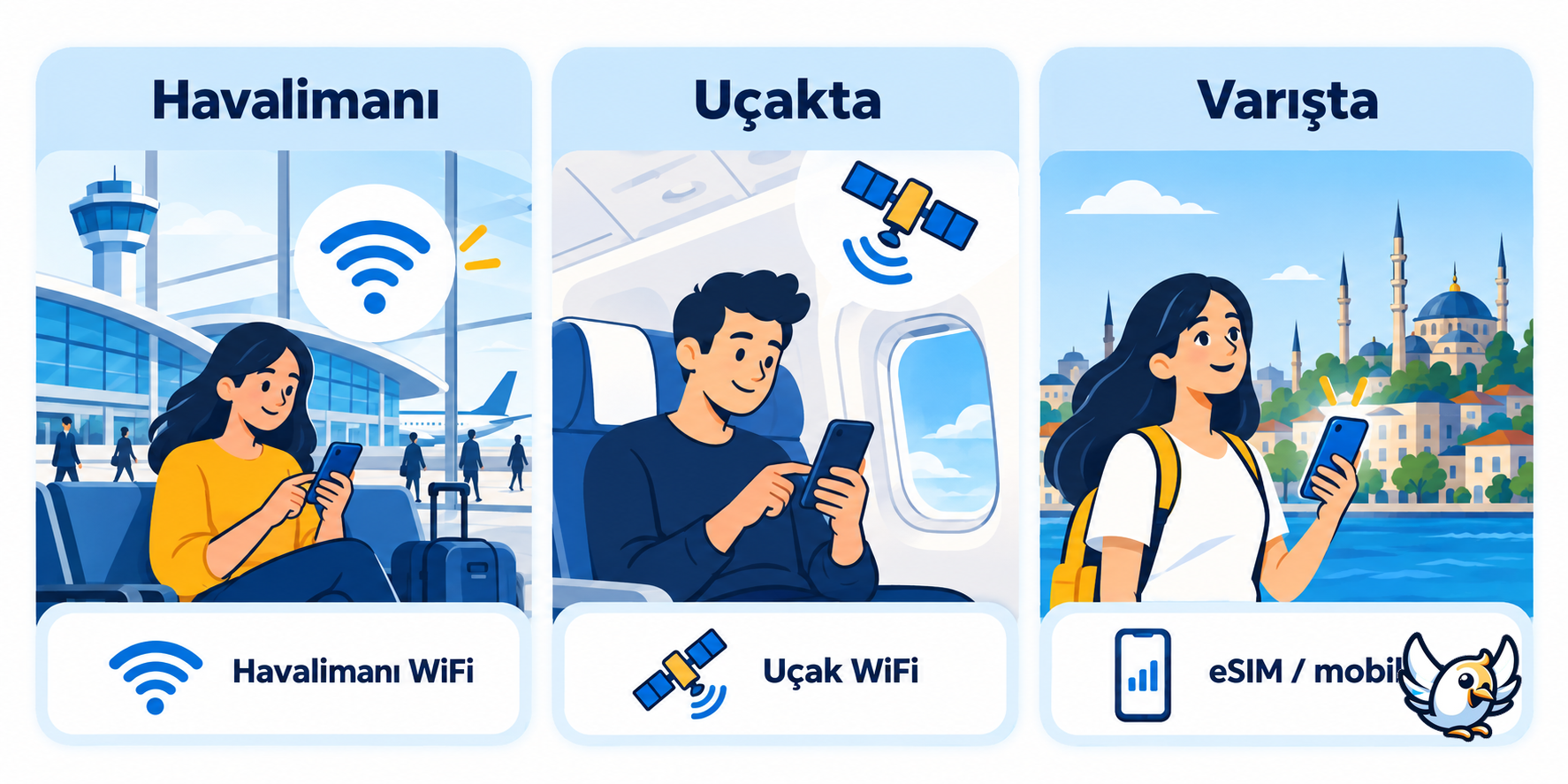 Seyahatte internet seçenekleri: havalimanı WiFi, uçak WiFi ve varışta eSIM