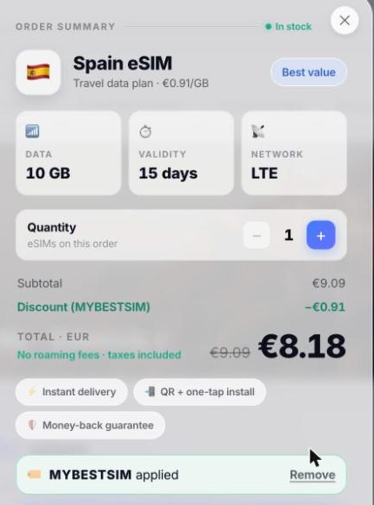 Ordresammendrag fra SimFuse med rabattkoden MYBESTSIM brukt og -10% rabatt