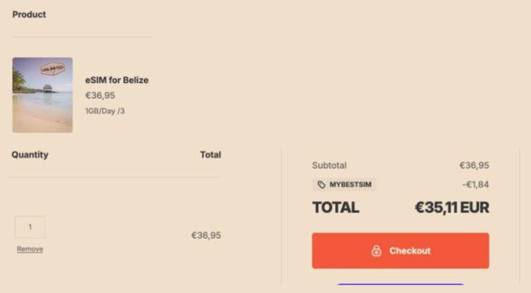 Ordresammendrag fra SIMOVO med rabattkoden MYBESTSIM brukt og -5% rabatt