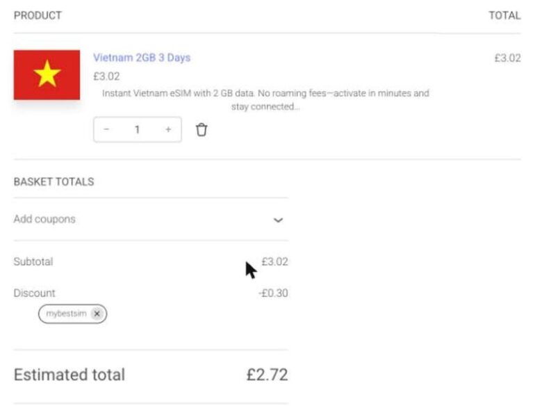 Ordresammendrag fra SIMPULSE.uk med rabattkoden MYBESTSIM brukt og -10% rabatt