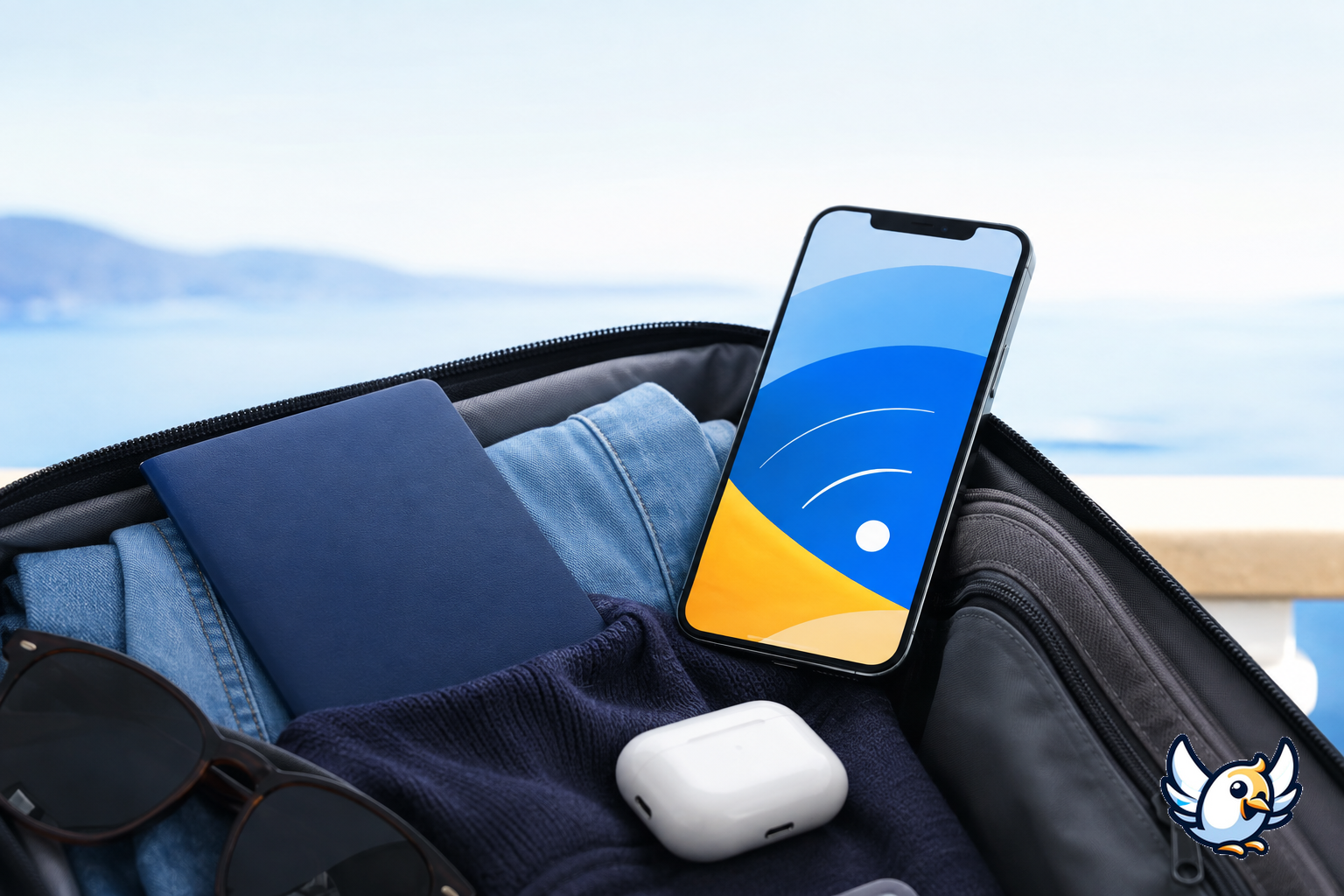 Smartphone avec application eSIM dans un sac de voyage