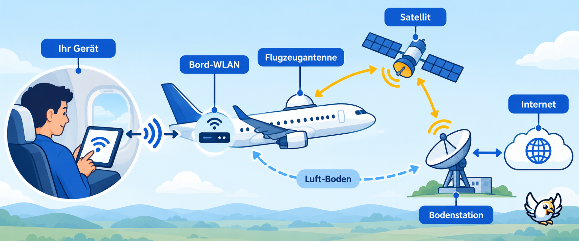 So funktioniert WLAN im Flugzeug über Satellit und Bodenstation