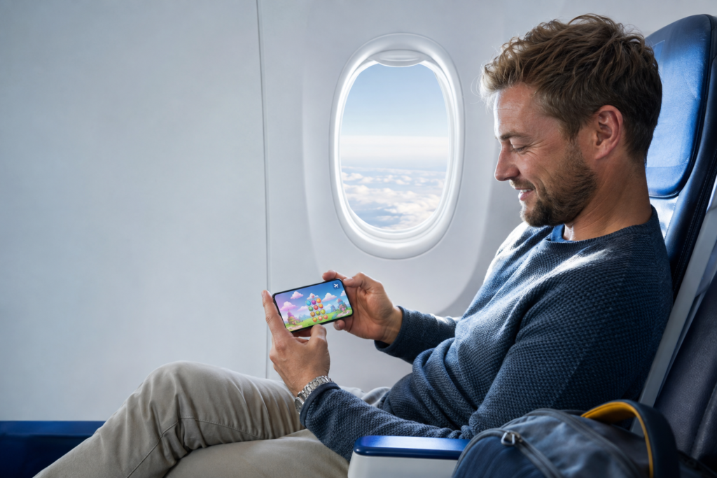 Spill uten internett på flyreise med mobil i flymodus