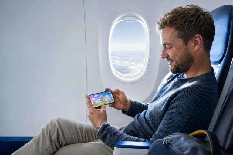 Spill uten internett på flyreise med mobil i flymodus