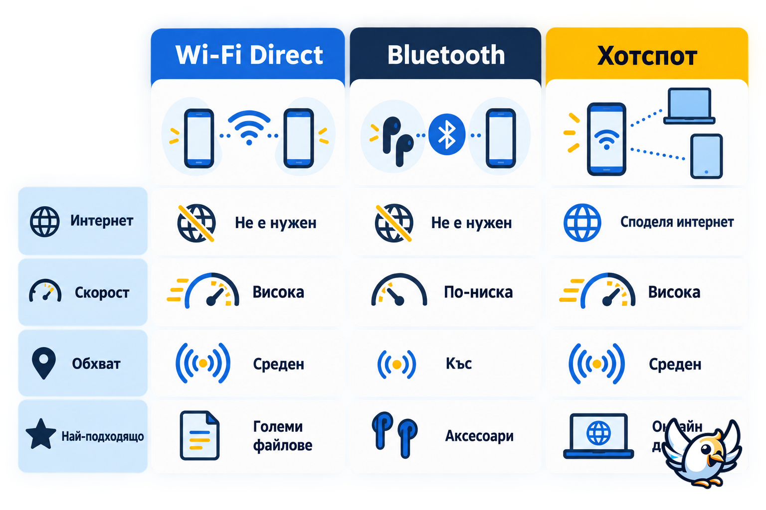 Сравнение между WiFi Direct, Bluetooth и мобилен хотспот