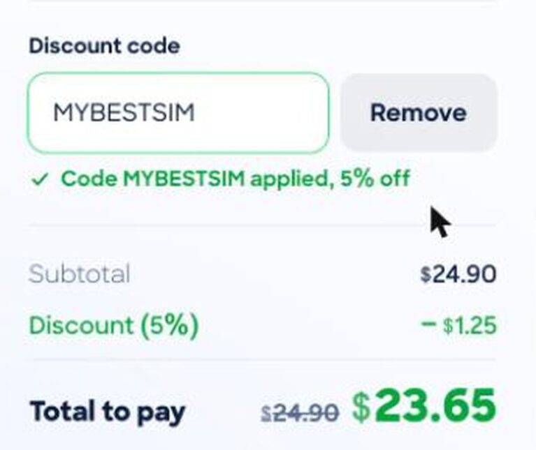 Ordresammendrag fra Strong eSIM med rabattkoden MYBESTSIM brukt og -5% rabatt